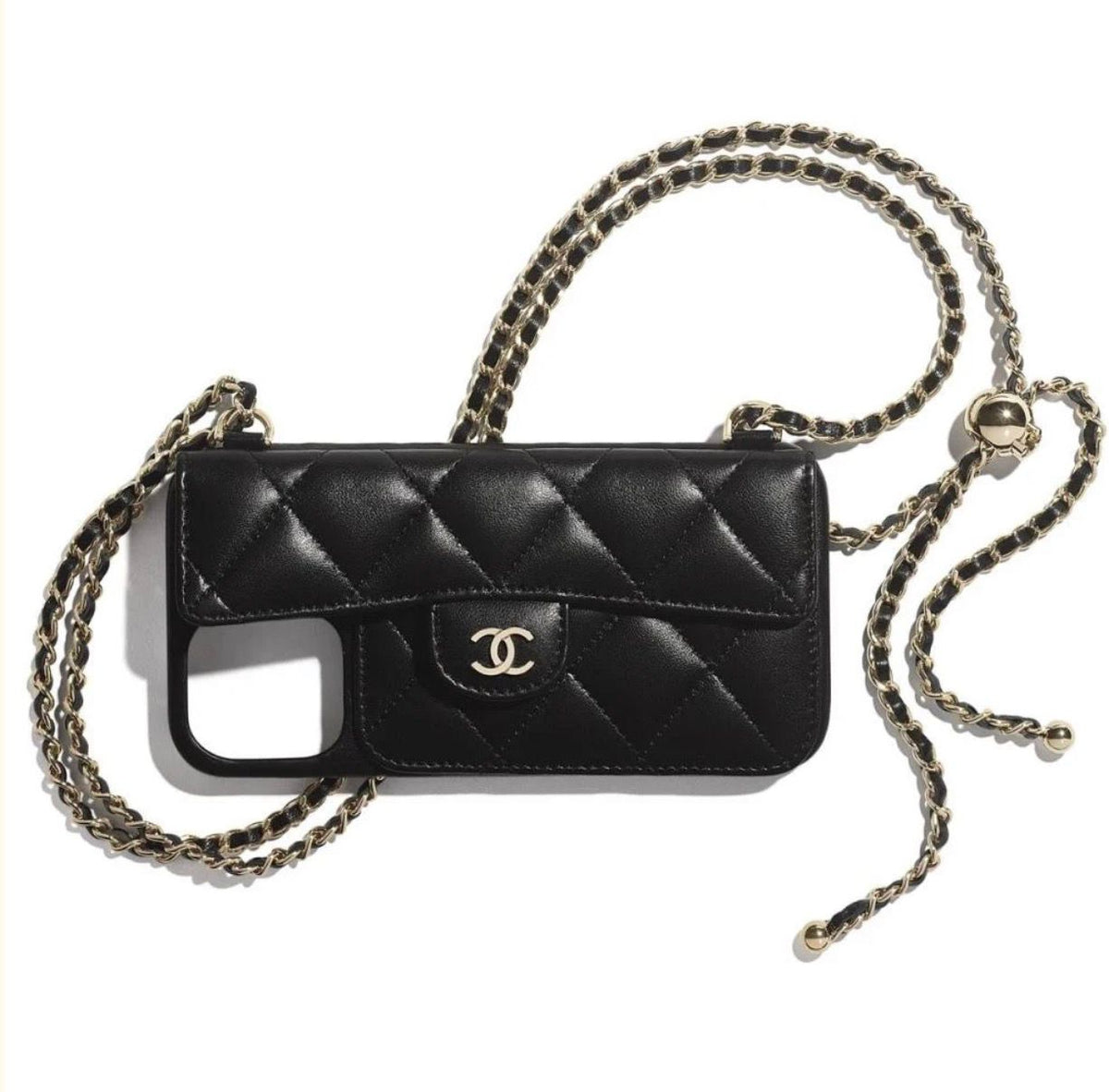 Luxe quilted telefoonhoesje met pasjeshouder van BeBeauty - vooraanzicht met ketting